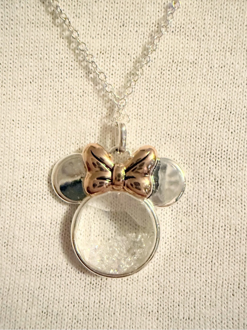 Silver Minnie Mouse-Style Pendant Necklace with Gold Bow and Glitter